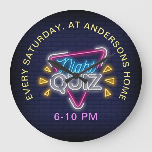 Quiz Night Neon Style tekent aangepaste tekst aan Grote Klok (Voorkant)