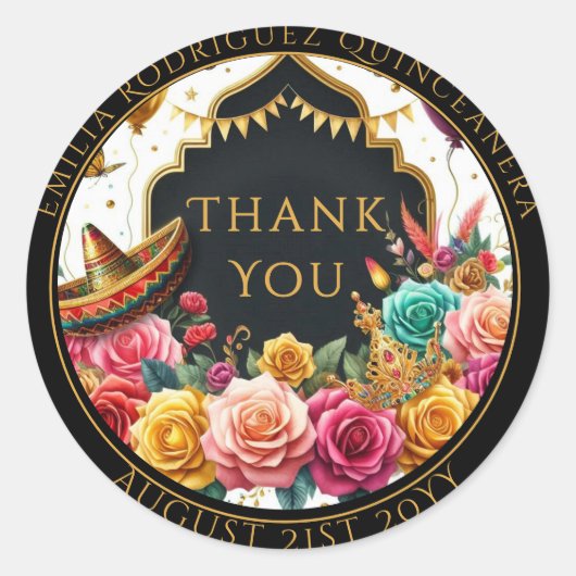 Quniceanera Favor Tasje Fiesta Rozen Bloemige Dank Ronde Sticker (Voorkant)
