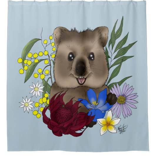 Quokka Happy Australia Floral Blue Douchegordijn (Voorkant)