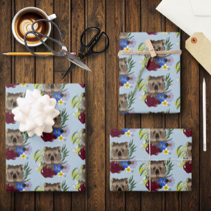Quokka Happy Australië Bloemrijk Blauw Inpakpapier Vel