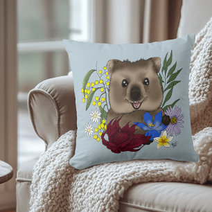 Quokka Happy Australië Bloemrijk Blauw Kussen