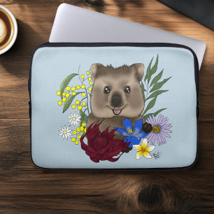 Quokka Happy Australië Bloemrijk Blauw Laptop Sleeve