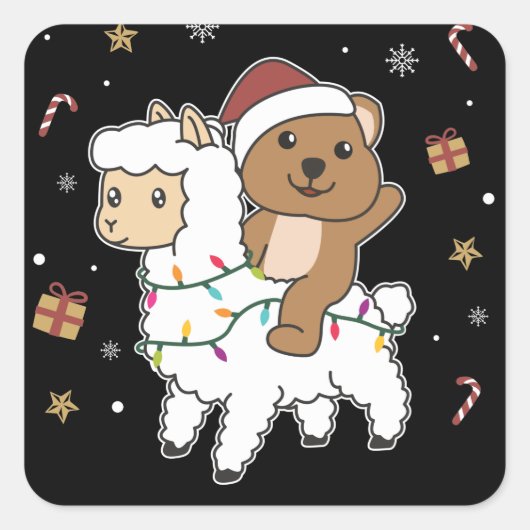 Quokka Llama Kerstsneeuwwinterdieren Square Vierkante Sticker (Voorkant)