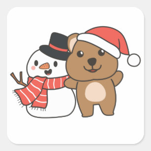 Quokka met Snowman in de winter op kerstvierkant Vierkante Sticker