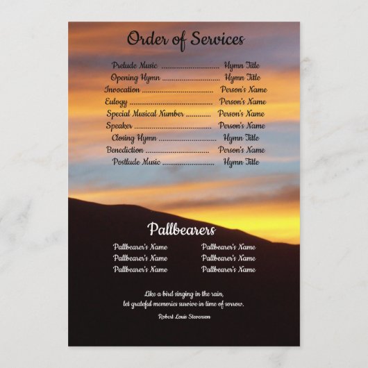 Quote Foto Oranje Zonsondergang Achtergrond Begraf Programmakaart (Achterkant)