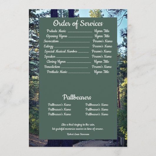 Quote Foto Pine Tree Forest Achtergrond Begrafenis Programmakaart (Achterkant)