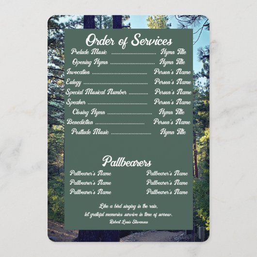 Quote Foto Pine Tree Forest Background Memorial Programmakaart (Achterkant)