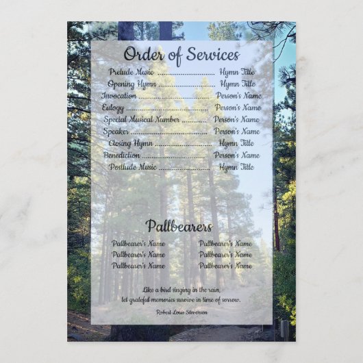 Quote Foto Transparante Pine Tree Forest begrafeni Programmakaart (Achterkant)