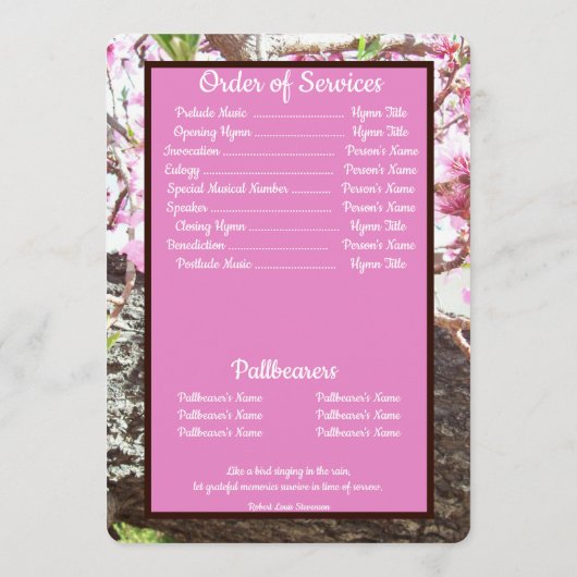 Quote Peach Bloeiende Boom Achtergrond Begrafenis Programmakaart (Achterkant)