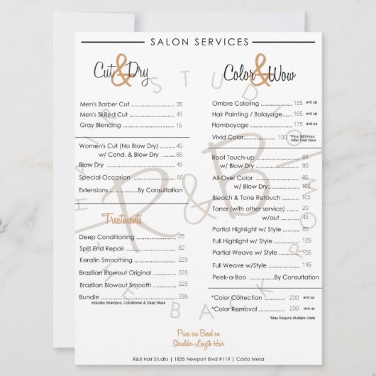 R&B Gold Graphic Service Menu (Voorkant)