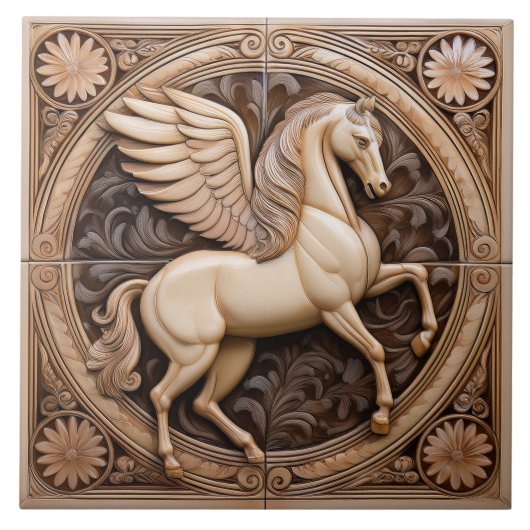 R Beige faux relief Art Nouveau Winged Horse Tegeltje (Voorkant)