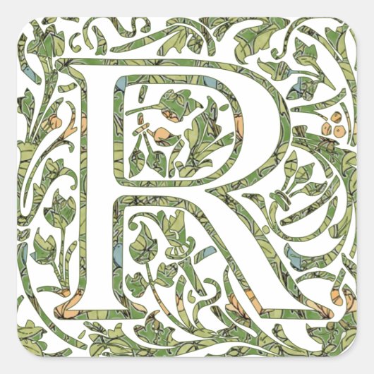 R Bloemig Monogram Vierkante Sticker (Voorkant)