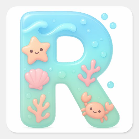 "R" Cute Letter - Underwater Sea Creature  Vierkante Sticker (Voorkant)