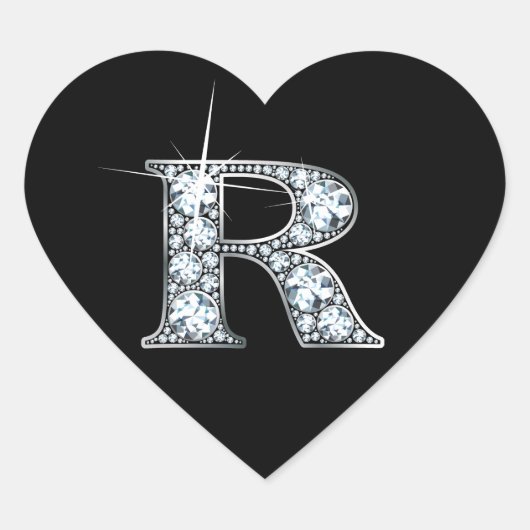 "R" Diamond Bling on Black Heart Sticker (Voorkant)