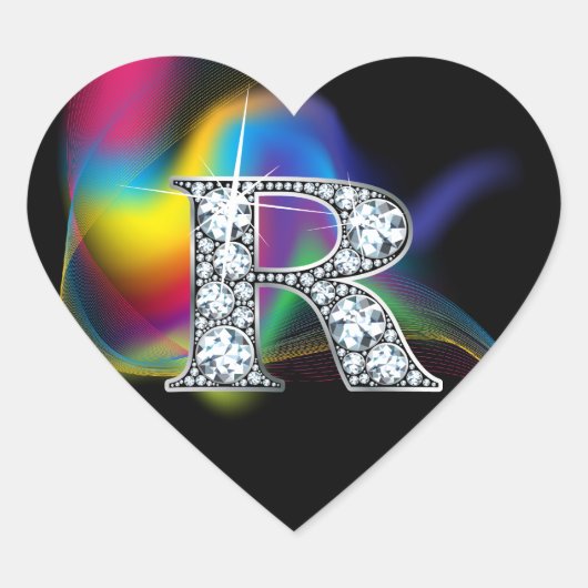 "R" Diamond Bling on Rainbow Swirl Heart Sticker (Voorkant)
