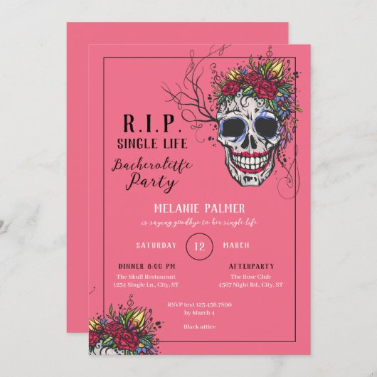R.I.P. Skull & Rozen Vrijgezellenfeest Uitnodiging (Voorkant / Achterkant)