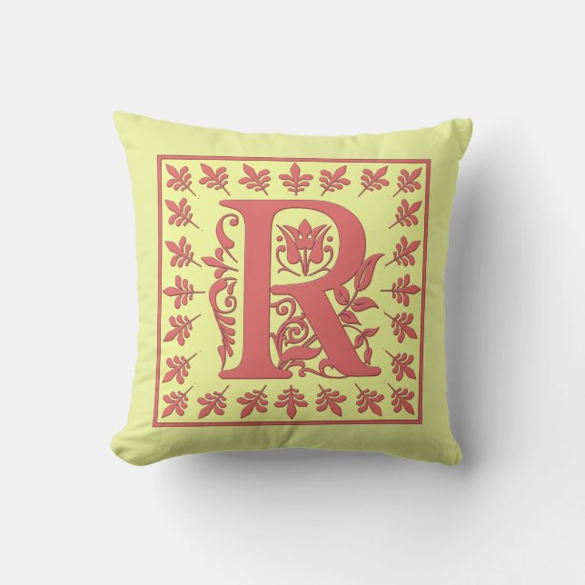R INITIAAL PILLOW - Roze R op GEEL Achtergrond Kussen (Voorkant)