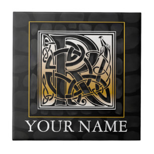 R "Jouw naam" Celtic Black Stone Monogram Tile Tegeltje