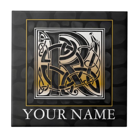 R "Jouw naam" Celtic Black Stone Monogram Tile Tegeltje (Voorkant)