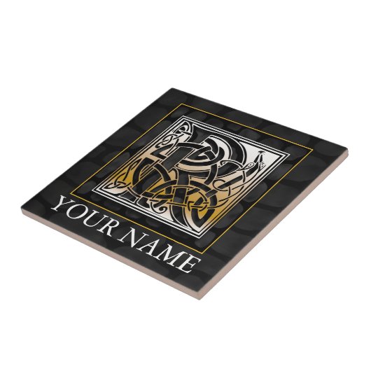 R "Jouw naam" Celtic Black Stone Monogram Tile Tegeltje (Zijkant)