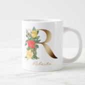 R Letter Gold Monogram Yellow Red Roses Floral Grote Koffiekop (Rechts)