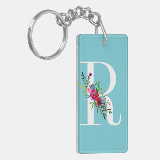 R Letter Initiaal Monogram Floral Aangepaste kleur Sleutelhanger (Voorkant Links)