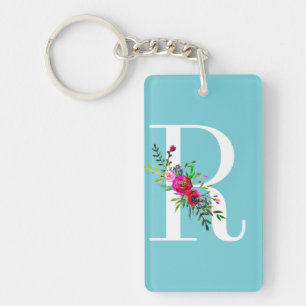 R Letter Initiële Monogram Bloem Kleur op Maat Sleutelhanger