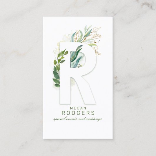 R Letter Monogram Gold Greenery Leaves Elegant Visitekaartje (Voorkant)