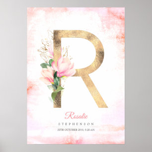R Letter Monogram Goud Bladeren Roze Magnolia Bloe Poster