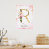 R Letter Monogram Gouden Bladeren Roze Magnolia Bl Poster (Keuken)