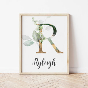 R Letter Monogram Groen Kwekerij Naam Muur Print