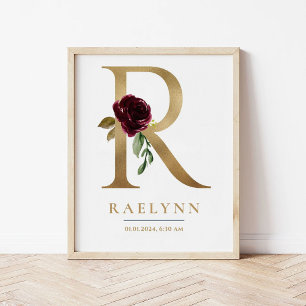 R Letter Monogram Naam Marsala Bloemenkwekerij Poster