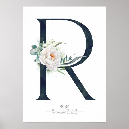 R Letter Monogram White Flowers and Greenery Poster (Voorkant)
