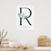 R Letter Monogram White Flowers and Greenery Poster (Keuken)