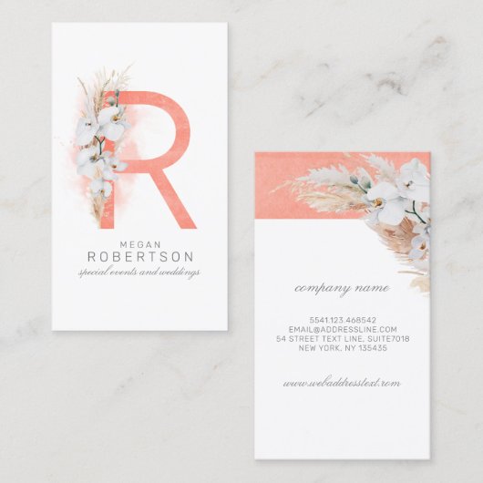 R Letter Monogram White Orchids and Pampas Grass Visitekaartje (Voorkant / Achterkant)