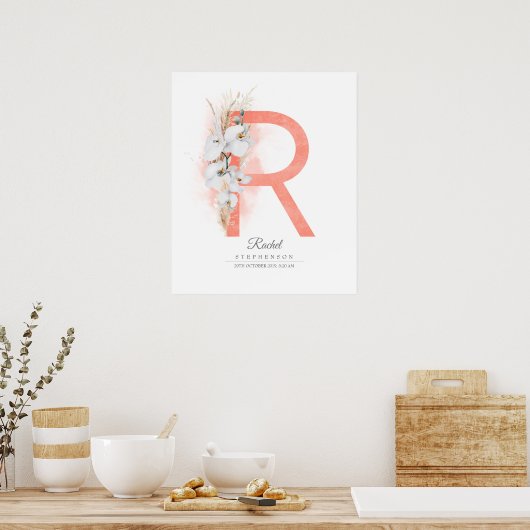 R Letter Monogram Witte Orchideeën en Pampagras Poster (Keuken)