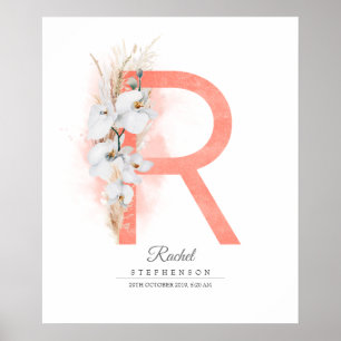 R Letter Monogram Witte Orchideeën en Pampagras Poster