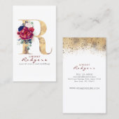 R Monogram Bourgogne Goud en Marine Blauwe Bloemen Visitekaartje (Voorkant / Achterkant)