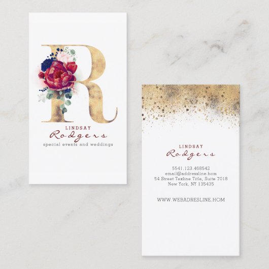 R Monogram Bourgogne Goud en Marine Blauwe Bloemen Visitekaartje (Voorkant / Achterkant)