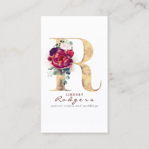R Monogram Bourgondische rode bloemen en gouden gl Visitekaartje