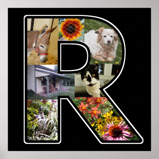 R Monogram Creëer Uw eigen 8 Foto Collage Black Poster (Voorkant)