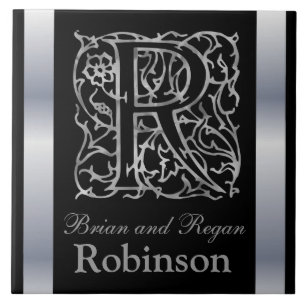 R Monogram en Naam "Besque op Zwart" Keramische Te Tegeltje