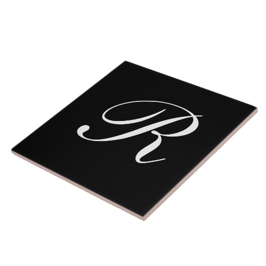 R Monogram Initiaal Wit op Zwart Tegeltje (Zijkant)
