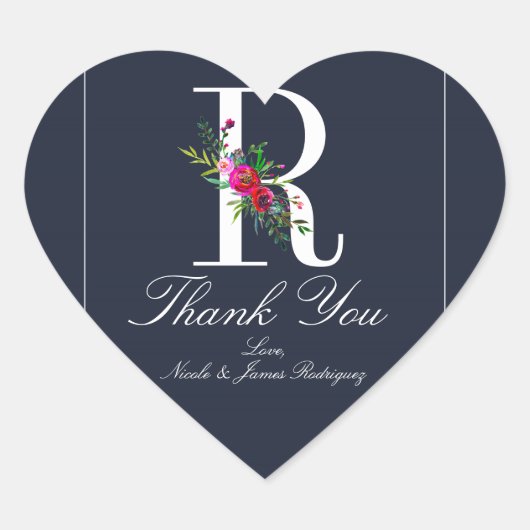 R Monogram Laatste Initiaal Modern Blauw Bloemstuk Hart Sticker (Voorkant)