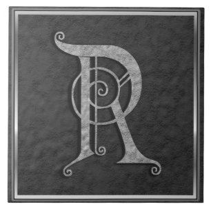 R Monogram "Middeleeuwse Grijze Steen" Keramische Tegeltje