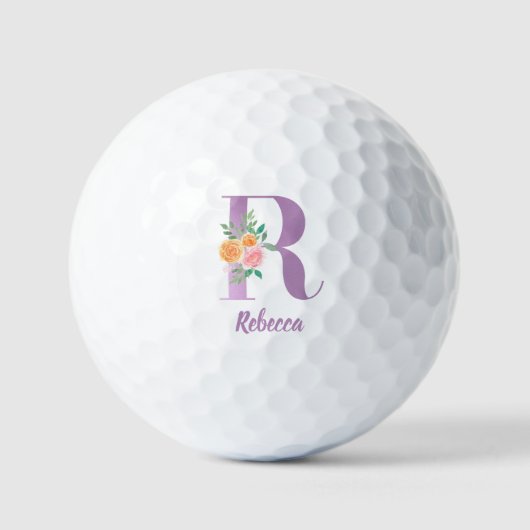 R Monogram Paarse Floral Waterverf Gepersonaliseer Golfballen (Voorkant)