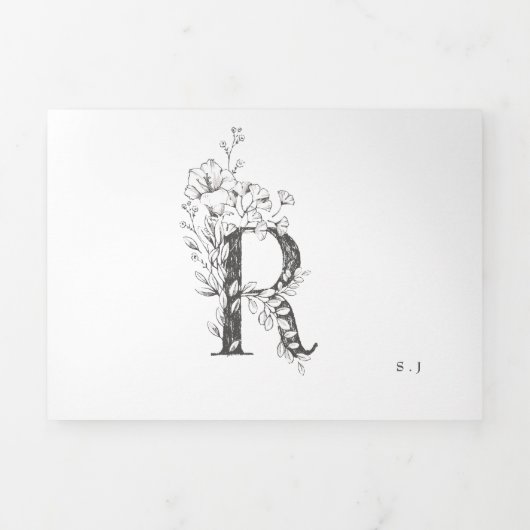 "R" Monogram prachtig geschetste Florale bruiloft Drieluik Uitnodiging (Cover)