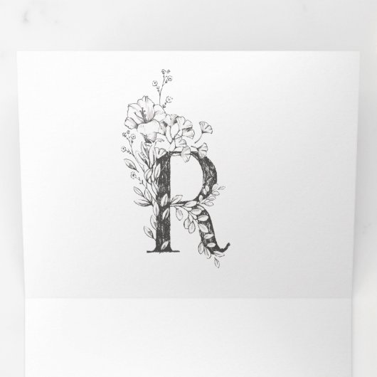 "R" Monogram prachtig geschetste Florale bruiloft Drieluik Uitnodiging (Binnenzijde eerst)