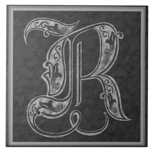 R Monogram "Royal Grey Stone" Keramische Tegel Tegeltje (Voorkant)