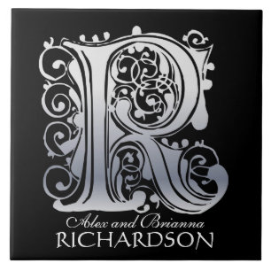 R Monogram "Silver Lace on Black" met Names-Tegel Tegeltje